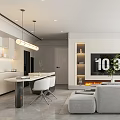 Modern Open Concept Dining Living Room Interior With Sofa Dining Table Fireplace And Pendant Lights