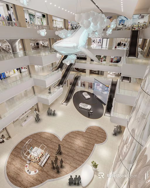 Spacious Modern Shopping Mall Atrium With Multi Level Escalators And Central Display Area 3d model