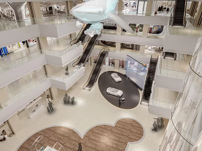 Spacious Modern Shopping Mall Atrium With Multi Level Escalators And Central Display Area 3d model