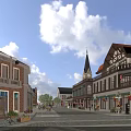 European Style Commercial Street With Clock Tower Open Plaza Shops And Greenery