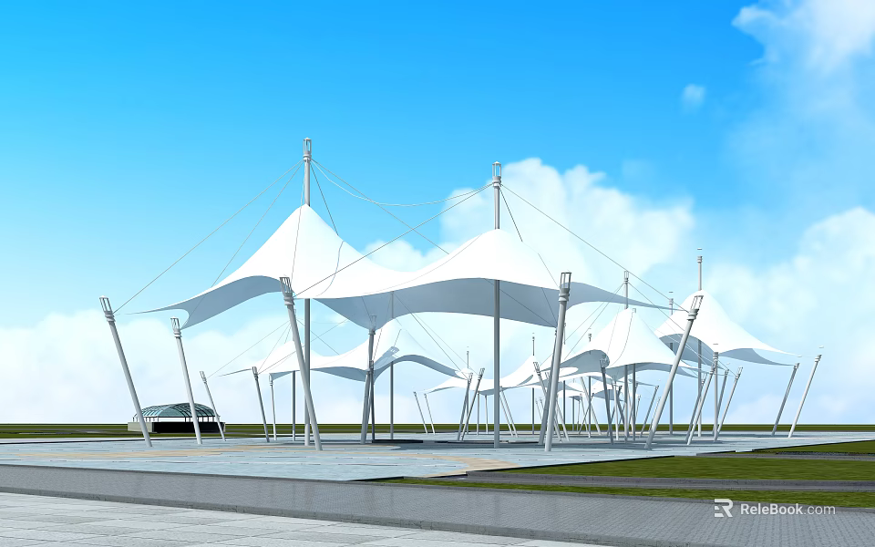 White Tensile Membrane Canopy Structures In Outdoor Public Square With Supporting Columns 3d model 
