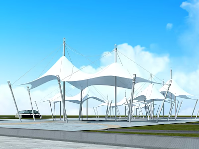 White Tensile Membrane Canopy Structures In Outdoor Public Square With Supporting Columns 3d model