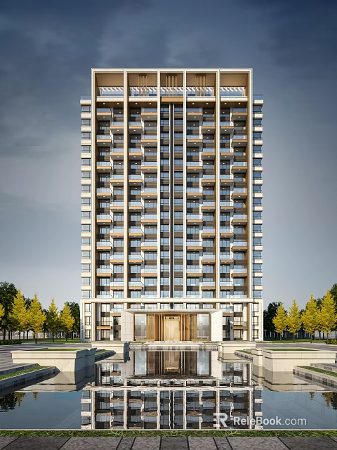 Modern High Rise Residential Exterior With Regular Windows Entrance And Trees 3d model 