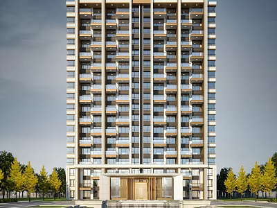 Modern High Rise Residential Exterior With Regular Windows Entrance And Trees 3d model