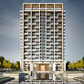 Modern High Rise Residential Exterior With Regular Windows Entrance And Trees