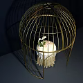 Elegant Golden Birdcage Interior With Lace Tablecloth And White Flowers