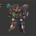 Detailed Cybernetic Robot Warrior With Orange Black Armor And Mechanical Limbs