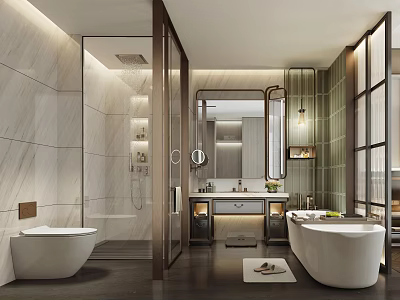 Hotel Guest Room Modern Bathroom With Marble Walls And Freestanding Bathtub Glass Shower Enclosure Vanity 3d model