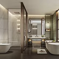 Hotel Guest Room Modern Bathroom With Marble Walls And Freestanding Bathtub Glass Shower Enclosure Vanity