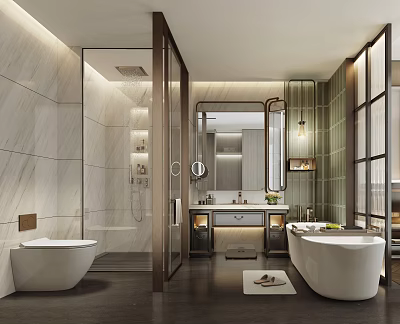 Hotel Guest Room Modern Bathroom With Marble Walls And Freestanding Bathtub Glass Shower Enclosure Vanity 3d model