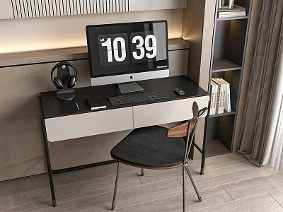 Modern Home Office Desk Setup With Computer Monitor Headphones Keyboard Mouse And Chair 3d model