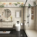 Tropical Bathroom Interior With Round Mirror White Vanity Hexagonal Tiles And Black Floor