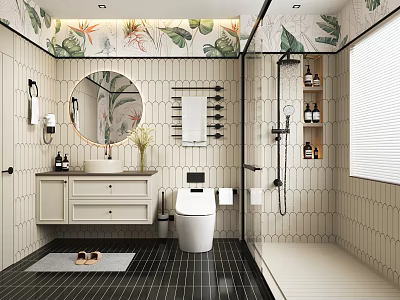Tropical Bathroom Interior With Round Mirror White Vanity Hexagonal Tiles And Black Floor 3d model