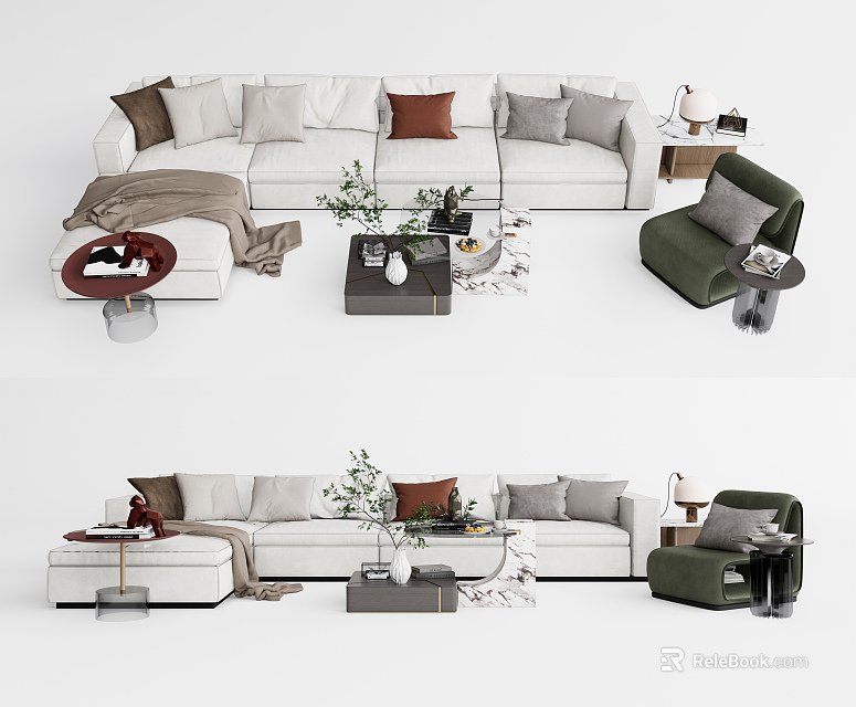 Modern Elegant Sofa And Coffee Table Set With Decorative Pillows And Green Side Table 3d model 