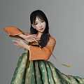 Woman Wearing Traditional Green Beige Patterned Dress With Orange Sleeves Dancing With Flowing Skirt
