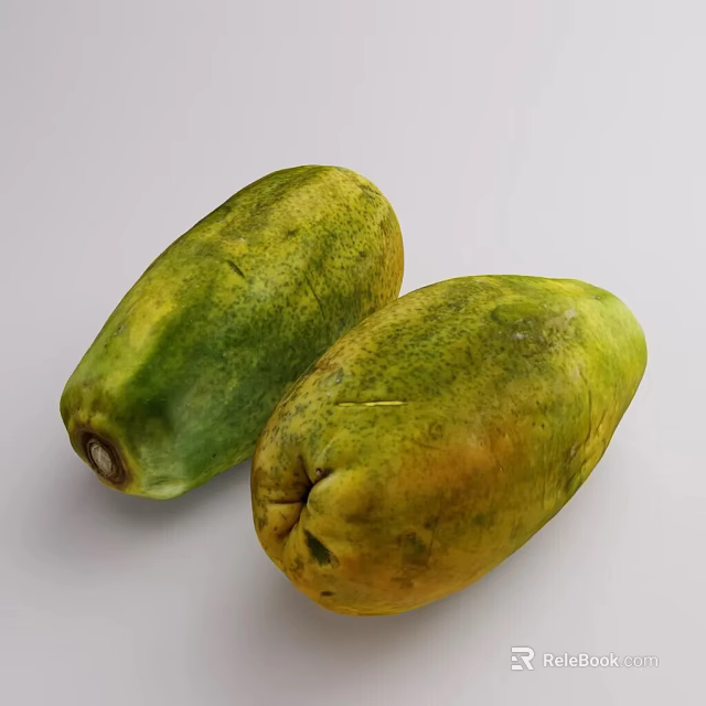 Two Fresh Ripe Organic Papaya Fruits With Green And Yellow Skin On White Background 3d model 