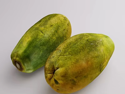 Two Fresh Ripe Organic Papaya Fruits With Green And Yellow Skin On White Background 3d model