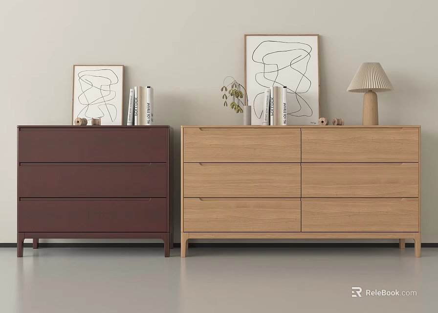 Brown And Light Wood Entryway Cabinet Sideboard With Drawers Doors Frames Books And Lamp 3d model 