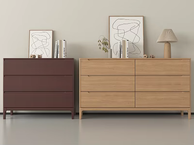 Brown And Light Wood Entryway Cabinet Sideboard With Drawers Doors Frames Books And Lamp 3d model