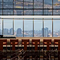 Japanese Restaurant Open Kitchen With Marble Bar Wine Rack Red Sculpture Black Tiles Large Windows