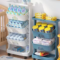 Multi Colored Wheeled Storage Racks Organizing Baby Supplies in Nursery Room