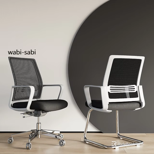 Modern Office Chair with Mesh Backrest and Black Gray Seat in Wabi Sabi Inspired Style 3d model 