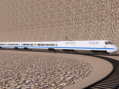Modern High Speed Train Smoothly Running On Curved Railway Track With Gravel Surface 3d model