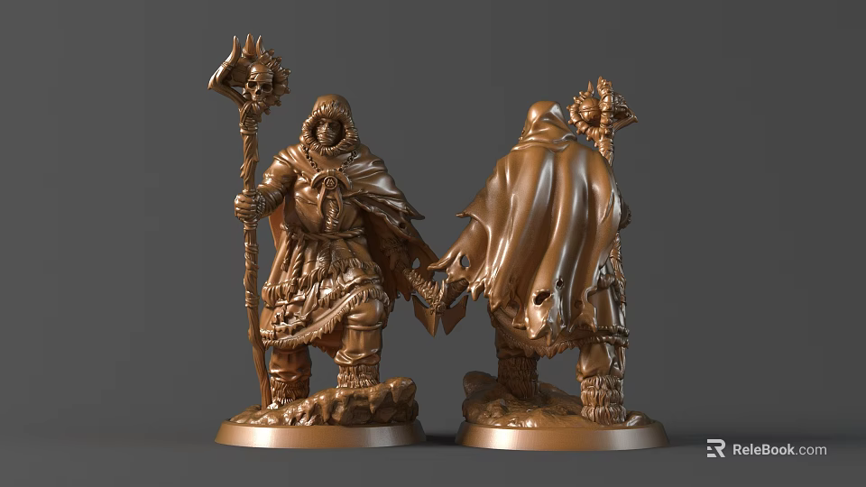 Detailed Two Cloaked Figure Sculpture Carvings With Staffs Decorative Details And Metallic Texture 3d model 