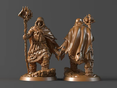 Detailed Two Cloaked Figure Sculpture Carvings With Staffs Decorative Details And Metallic Texture 3d model