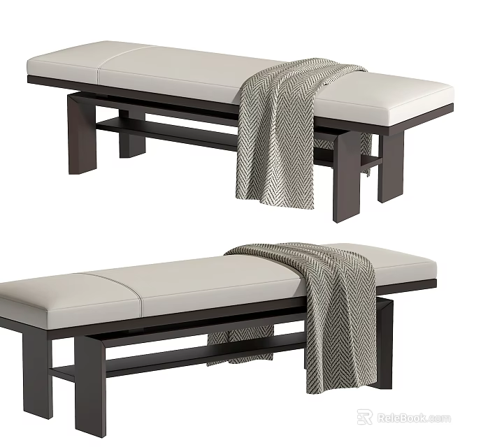 Modern Bed Bench With Light Upholstered Seat Dark Wooden Legs And Gray Throw Blanket 3d model 