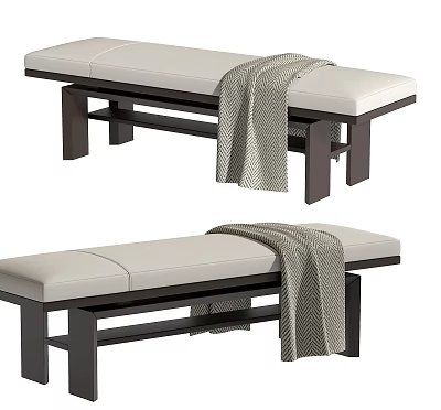 Modern Bed Bench With Light Upholstered Seat Dark Wooden Legs And Gray Throw Blanket 3d model