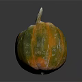 Fresh Single Green And Orange Striped Pumpkin With Natural Frosted Surface On Dark Background