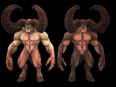 Fantasy Mythical Creature Characters With Large Curved Horns And Muscular Build 3d model