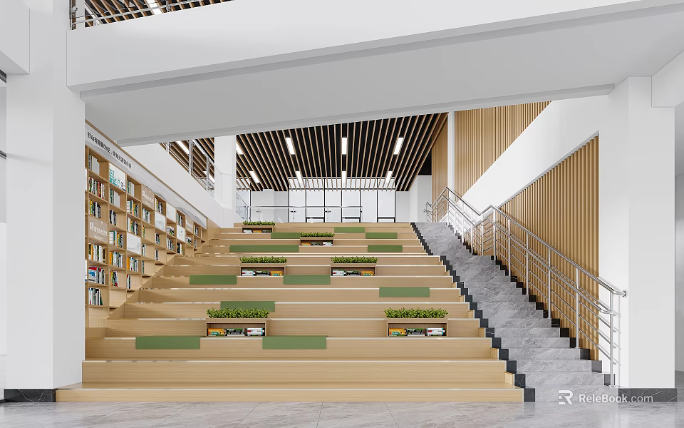 Library Staircase Interior With Bookshelves And Green Seats 3d model 