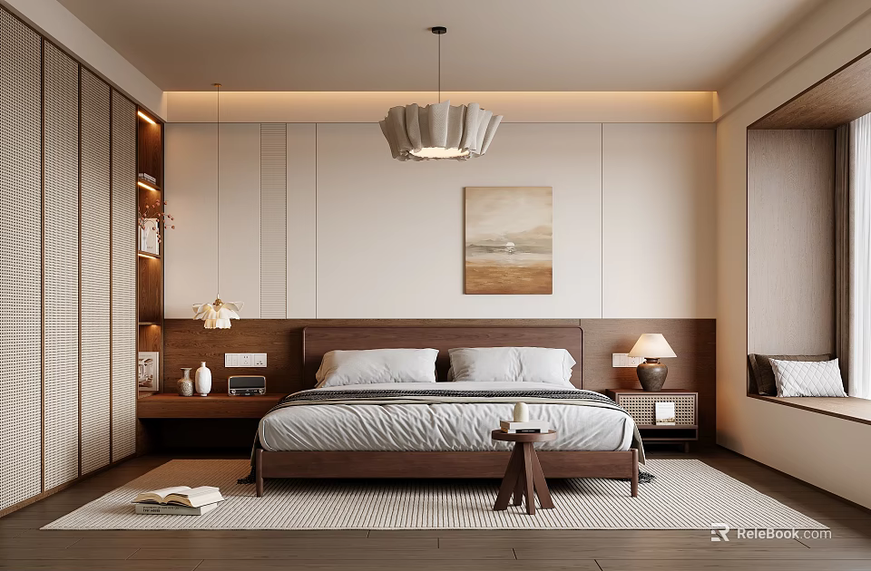 Modern Bedroom Interior Design With Wooden Bed Hanging Pendant Light Wall Art And Rug 3d model 