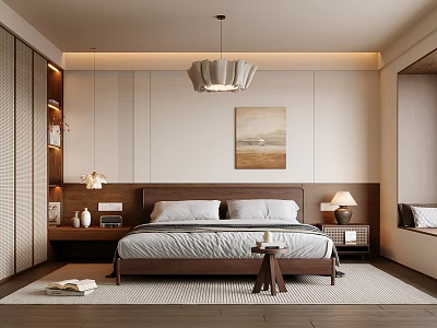 Modern Bedroom Interior Design With Wooden Bed Hanging Pendant Light Wall Art And Rug 3d model