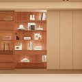Modern Wooden Bookshelf with Books Decorative Items Photo Frames and Green Plant