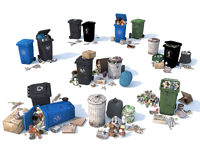 Colorful Trash Bins With Scattered Garbage And Various Waste Items 3d model