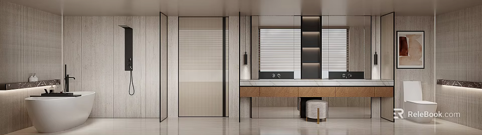 Modern Bathroom Interior Design With Striped Blinds Vanity Counter And Wooden Cabinets 3d model 