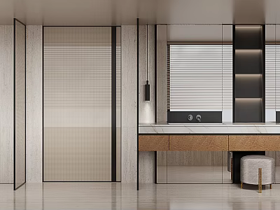 Modern Bathroom Interior Design With Striped Blinds Vanity Counter And Wooden Cabinets 3d model