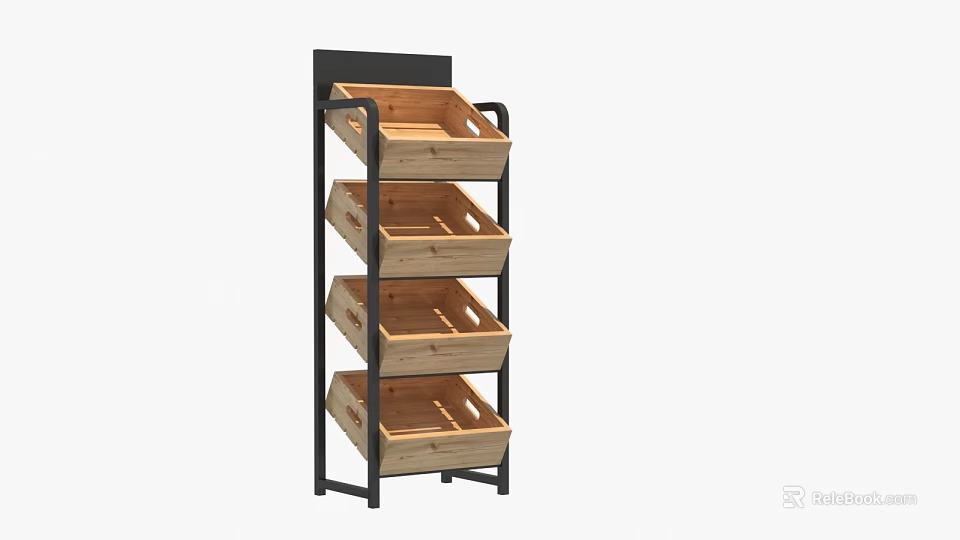 Multi Tier Wooden Basket Storage Shelf With Black Metal Frame for Home Retail 3d model 