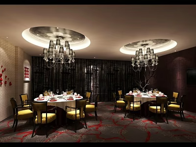 Elegant Private Dining Room Interior With Round Tables Yellow Chairs Chandeliers And Red Patterned Carpet 3d model
