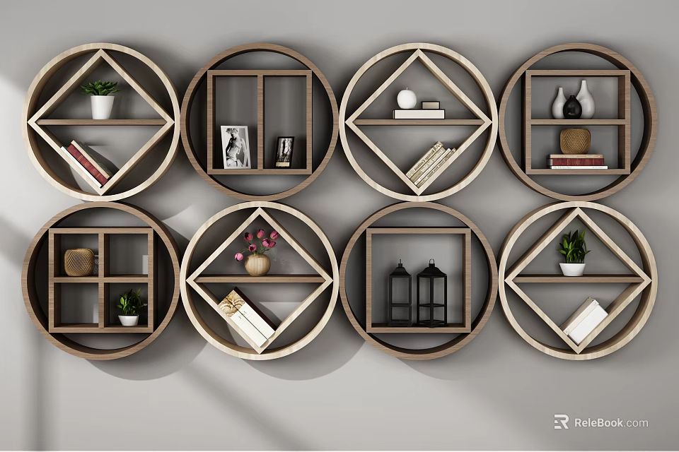 Round Wooden Wall Shelves with Books Decorative Items and Plants on Gray Wall 3d model 