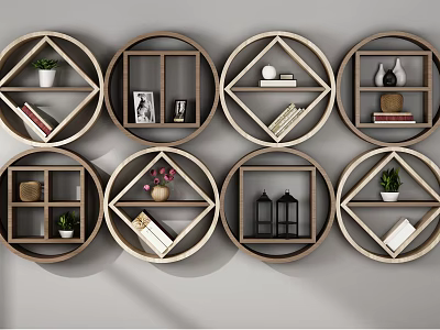 Round Wooden Wall Shelves with Books Decorative Items and Plants on Gray Wall 3d model