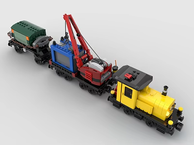 Colorful Building Blocks Train Creation With Yellow Locomotive Red Crane Car And Green Freight Wagon 3d model