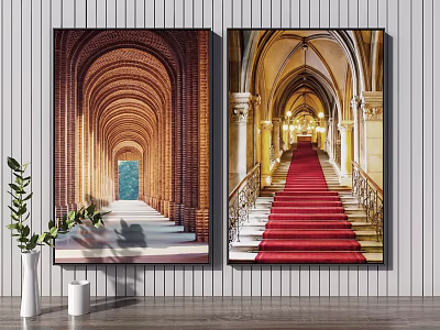 Two Decorative Paintings Featuring Red Brick Arches Steps And Red Carpet Corridor On Wall 3d model