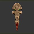Ancient Decorative Weapon With Carved Head Red Eyes Green Ornaments And Red Tip