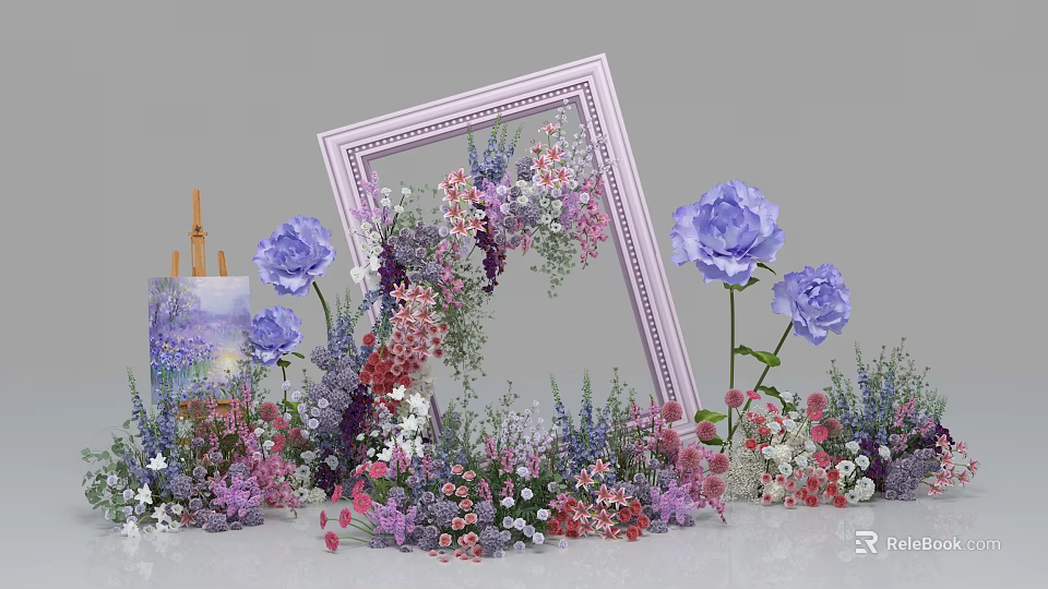 Artistic Floral Decor Setup with Pink Frame and Various Colored Flowers 3d model