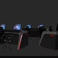 Modern Office Desk Setup With Dual Monitors Ergonomic Chairs And Red Accent Lights