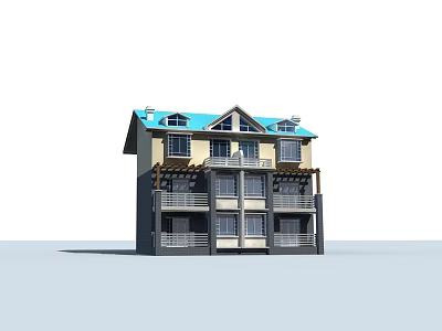 Duplex Villa Exterior With Blue Roof Yellow Walls Balconies And Windows 3d model